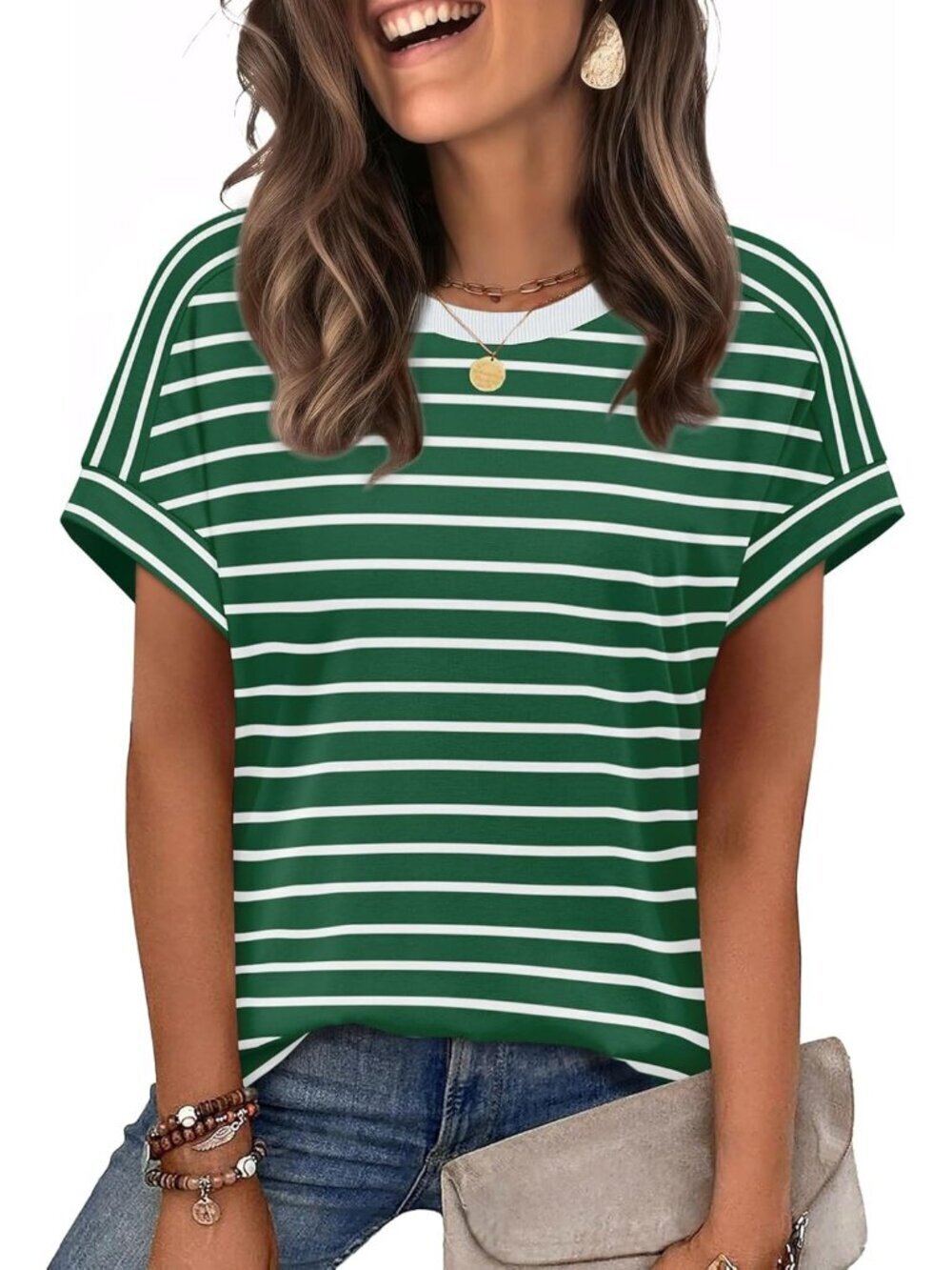 Women's Green Stripes Short Sleeve Summer Outfits Casual Clothes Tops Shirts